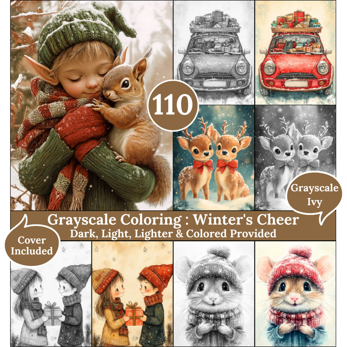 Winter’s Cheer, 110 Grayscale Coloring Pages, Cozy Winter and Christmas Scenes with Animals, Dark Light Lighter and Colored Versions, PDF