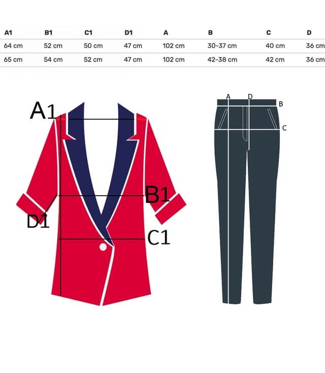 Grafische Darstellung der Maße für das Produkt mit Abmessungen für Jacke und Hose.