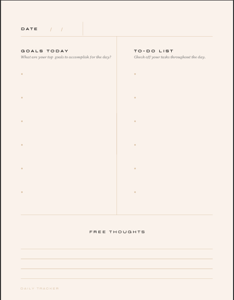 "Daily planning page from JOURNAL 365 DAYS PLANNER with sections for DATE, GOALS TODAY with prompt What are your top goals to accomplish for the day?, TO-DO LIST for checking off tasks, and FREE THOUGHTS space – clean minimalist layout for daily journ