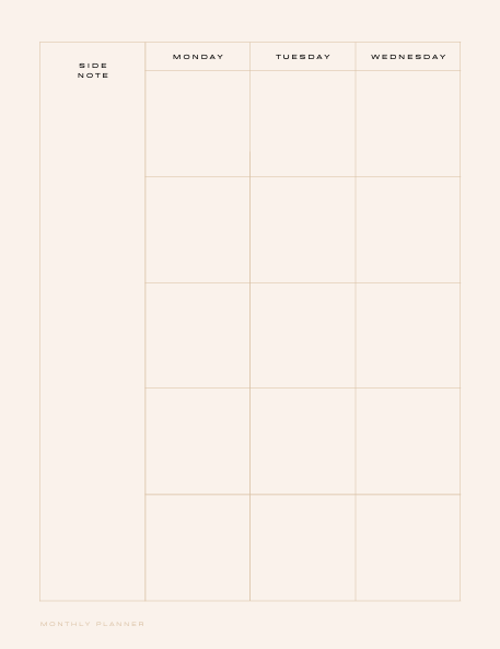 "Monthly planner page from JOURNAL 365 DAYS PLANNER with columns for SIDE NOTE, MONDAY, TUESDAY, and WEDNESDAY, plus blank rows for scheduling – clean minimalist layout for monthly planning and year-long organization."