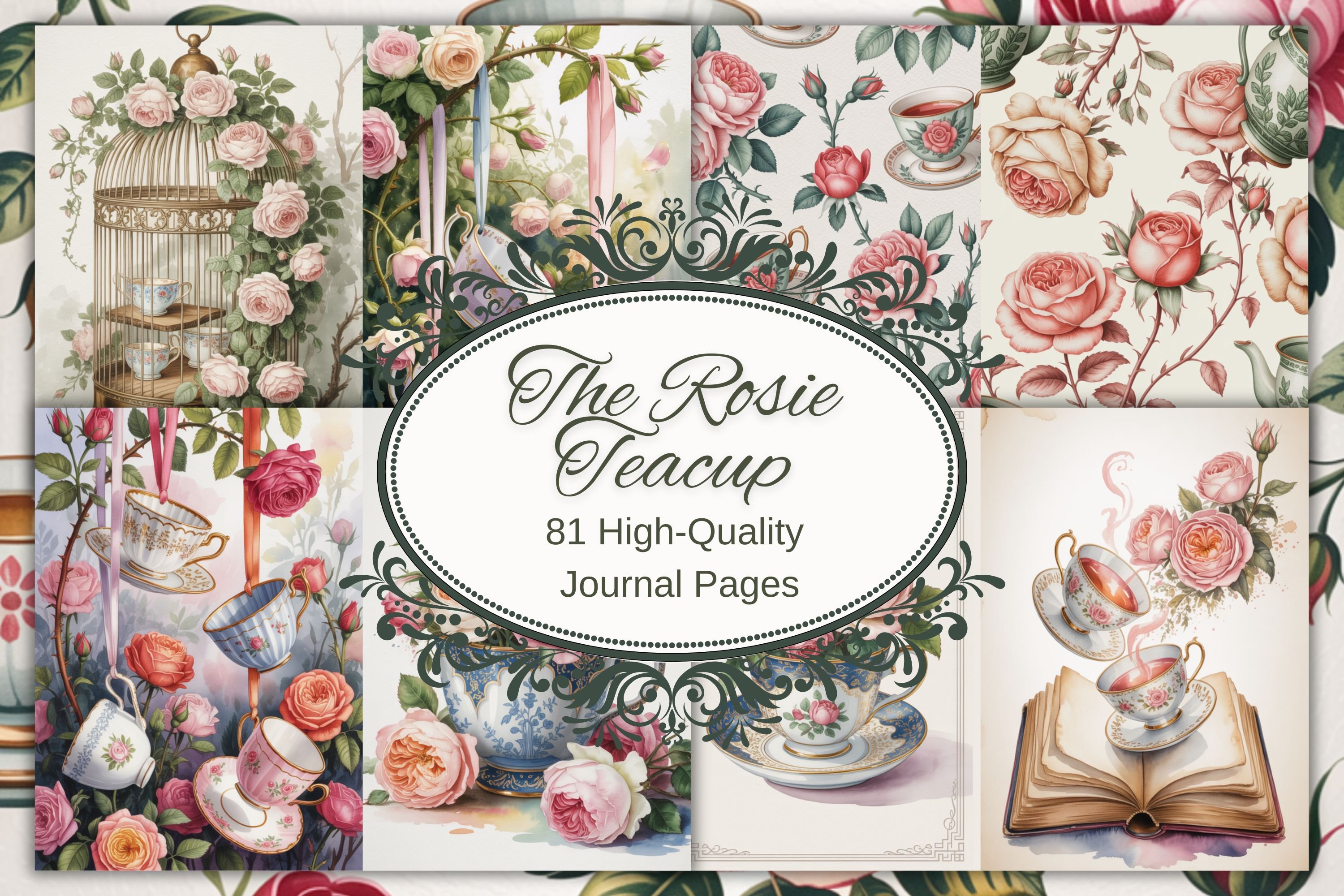 Vintage Tea Party Junk Journal Kit | Watercolor Teacup & Rose ...