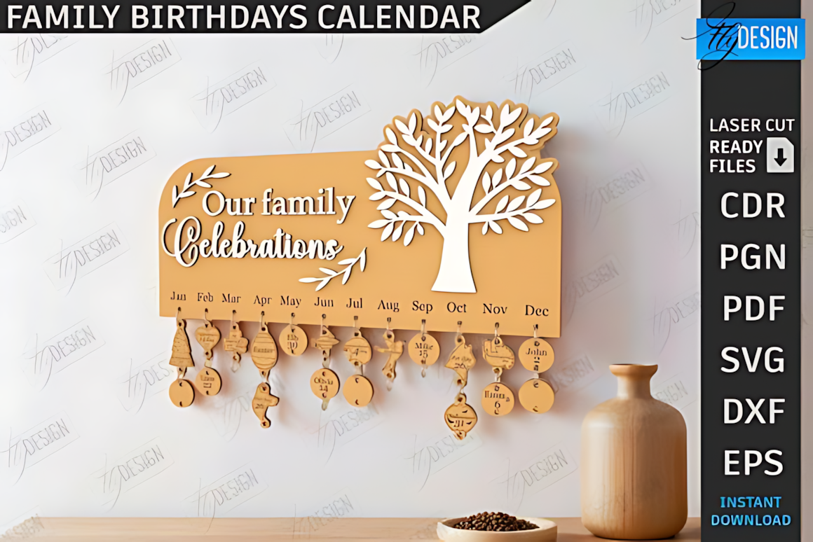 Personalized laser-cut family birthdays wall calendar with rotating rings and name slots—timeless wooden perpetual calendar for home décor and thoughtful anniversary or birthday gifts.