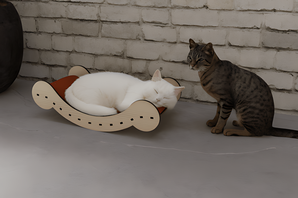 Modern laser-cut cat bed template for 6mm wood — minimalist design, sturdy flat-pack assembly, and cozy curved sleep surface ideal for stylish feline furniture.