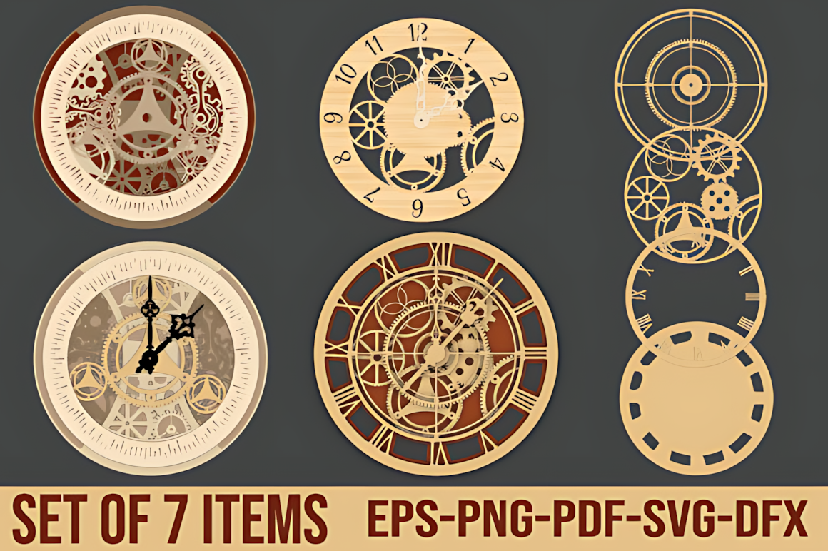 Decorative clock set for laser cutting — versatile layered designs with clear assembly lines, suitable for Glowforge, xTool, Cricut, and bespoke wall decor.