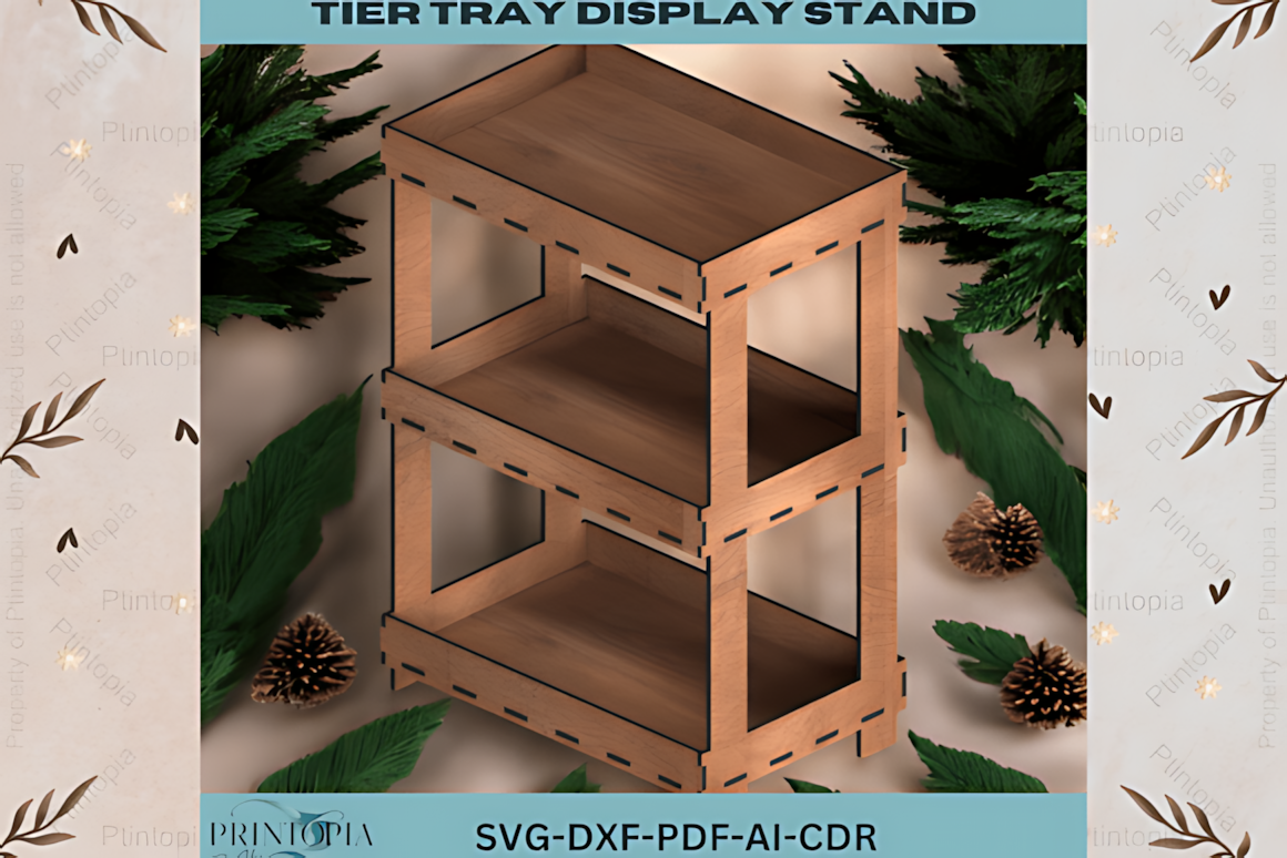 Compact laser-ready tier tray stand template — portable, fold-flat design that assembles quickly for pop-up shops, kitchen counters, or craft show booths.