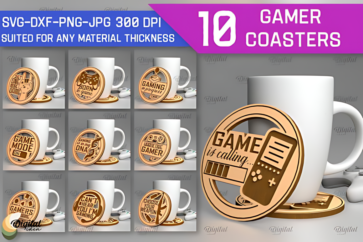 Layered gaming coaster pack with bold motifs and tuck-friendly edges — ideal for personalized gifts, merch tables, and cozy game-night accessories.