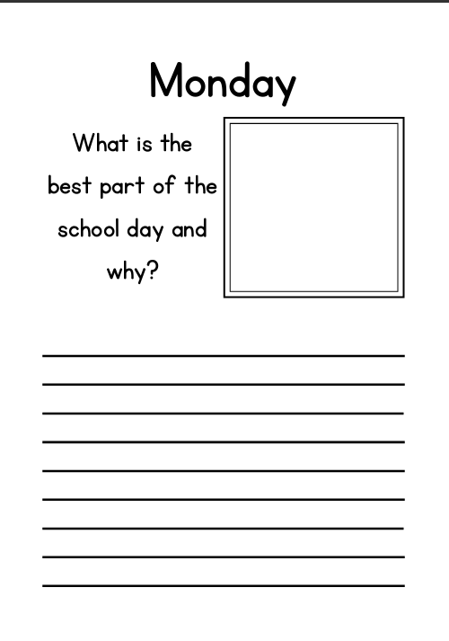 "Monday page from Persuasive Writing Daily Journal for children with prompt What is the best part of the school day and why? – soft, encouraging design for kids to practice writing and self-expression."