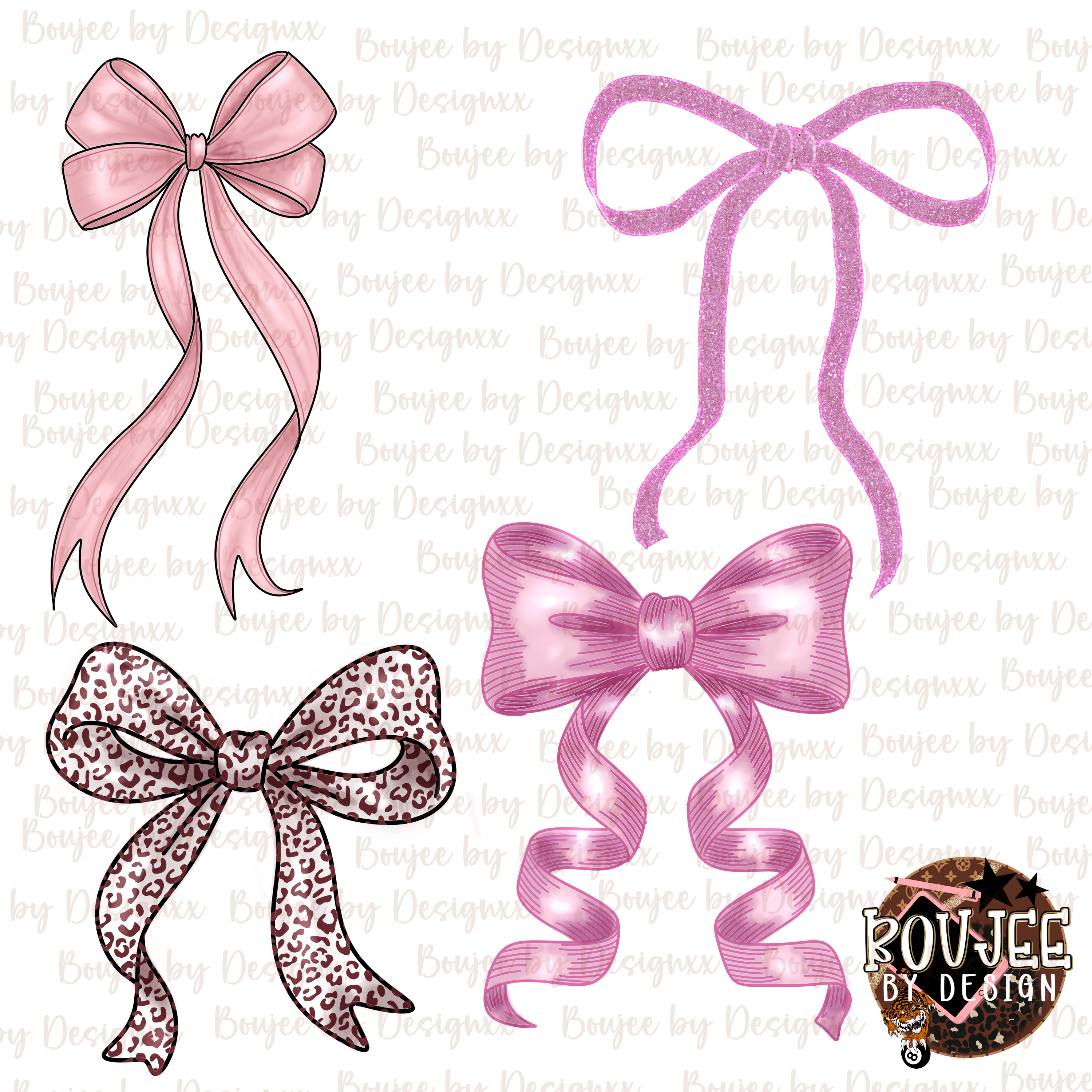 Pink Bow Clipart Bundle | 4 Boujee Bow PNGs | Hand-Drawn Pastel Pink ...