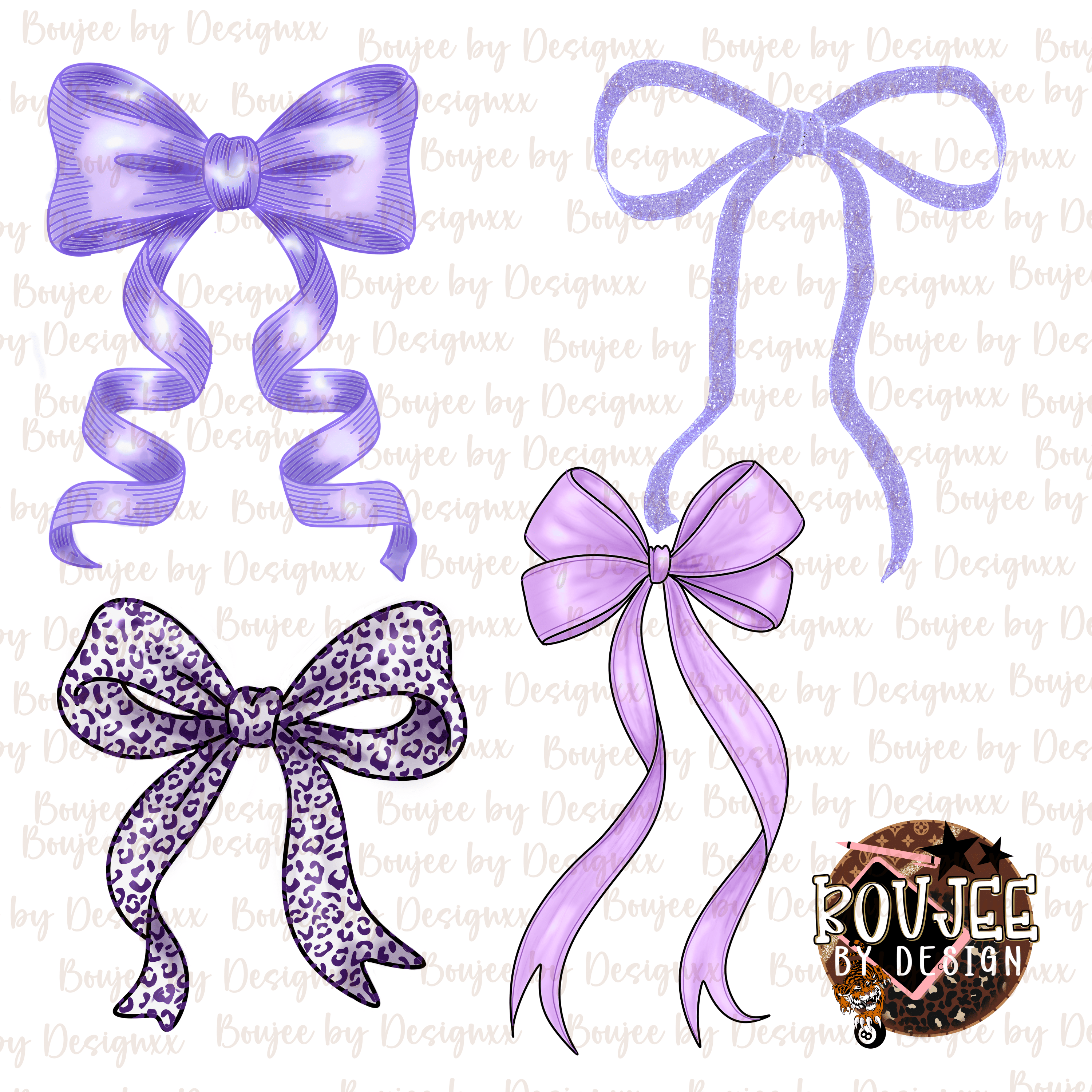 Purple Bow Clipart Bundle | 4 Boujee Bow PNGs | Lavender Glitter Bow ...