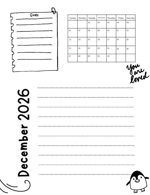 "February 2026 calendar page from MY JOURNAL 2026 PLANNER with Goals heading, full monthly grid from Sunday to Saturday, and soft encouraging message You are loved at the bottom – clean minimalist design for goal setting and monthly reflection."