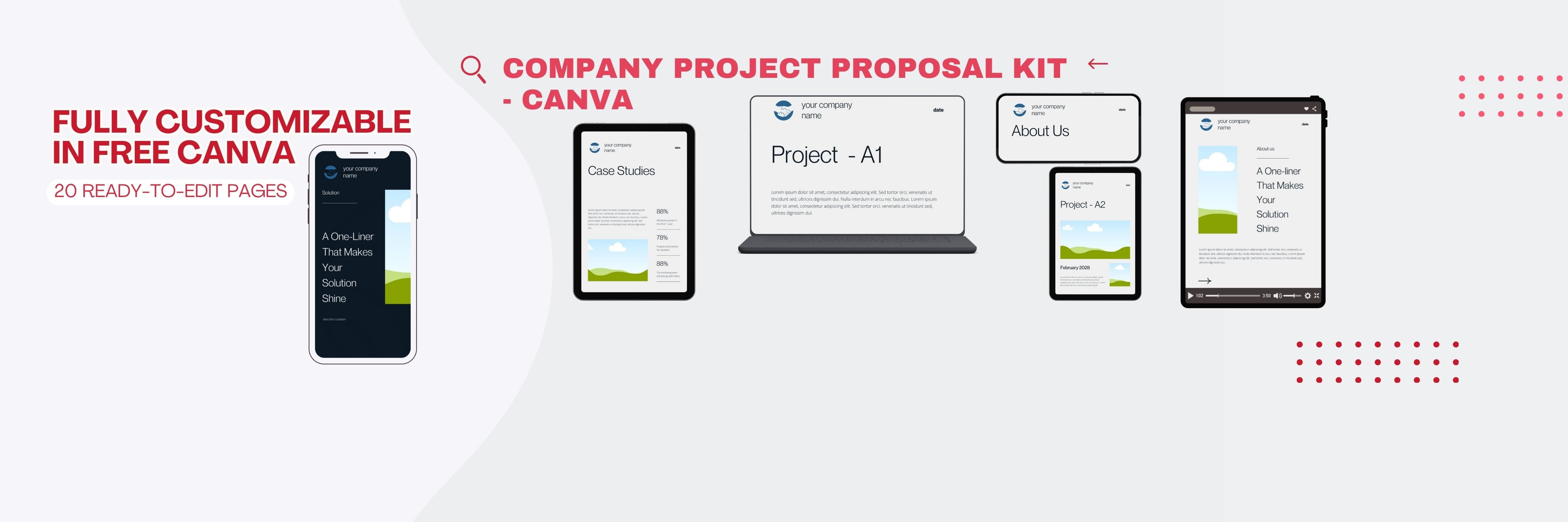 Company Project Proposal Kit slider showing customizable pages for core studies and projects. Helps win more clients.