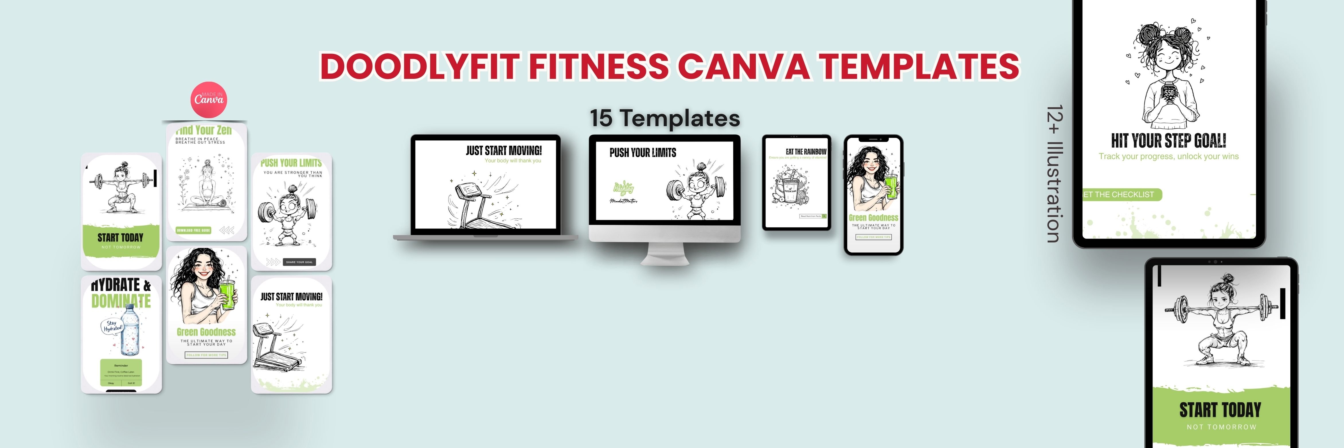 DoodlyFit Fitness Canva Templates: Unique doodle sketch templates designed for health and fitness content creators to make posts stand out.