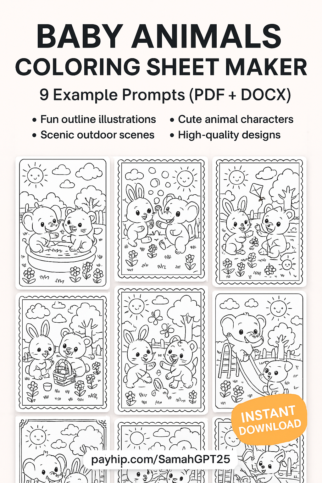 Baby Animals Coloring Sheet Maker – 9 Example Prompts (PDF + DOCX)