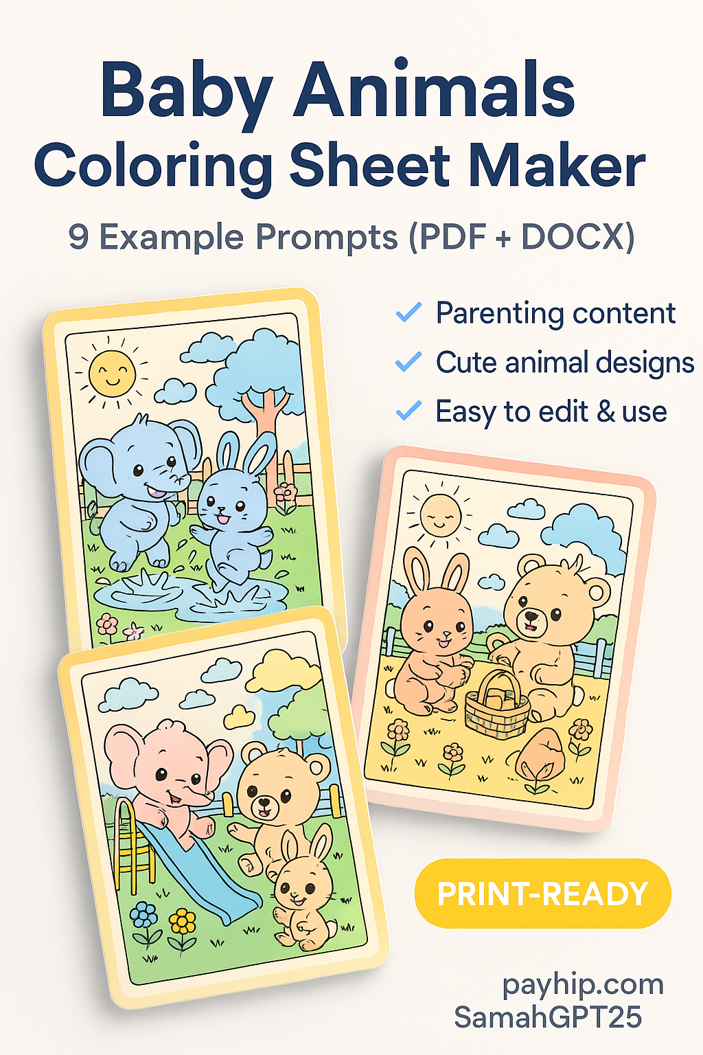 Baby Animals Coloring Sheet Maker – 9 Example Prompts (PDF + DOCX)