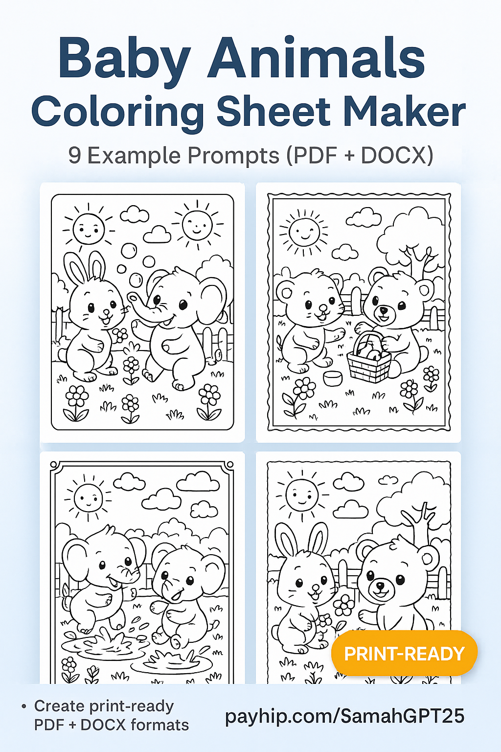 Baby Animals Coloring Sheet Maker – 9 Example Prompts (PDF + DOCX)