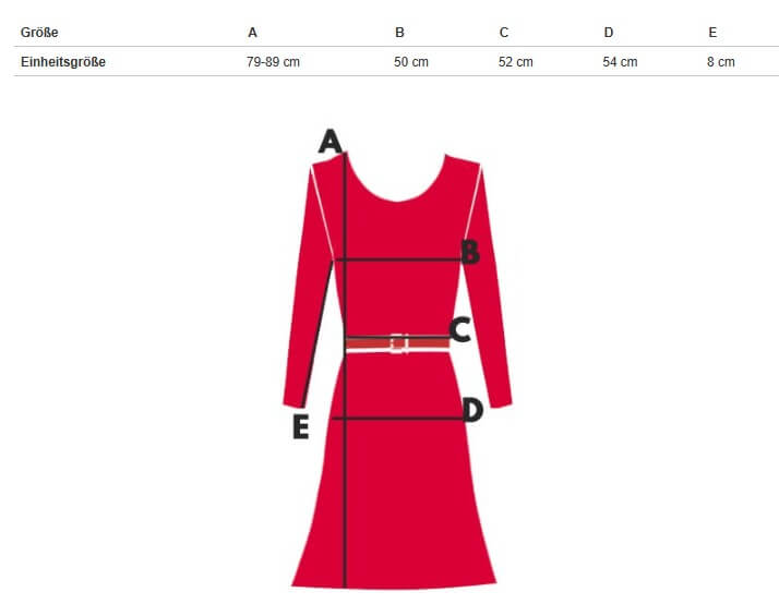 Größentabelle für Kleid mit Maßen in cm für A, B, C, D und E zur Auswahl der richtigen Größe.