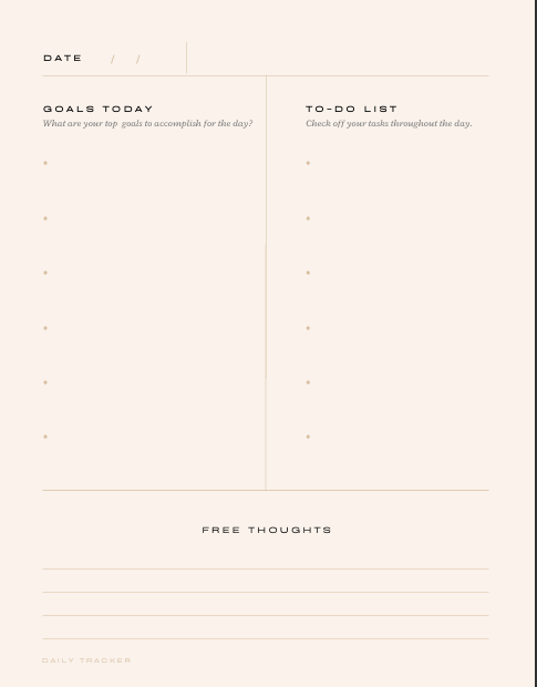 "Daily planning page from My JOURNAL journey with sections for DATE, GOALS TODAY with prompt What are your top goals to accomplish for the day?, TO-DO LIST for checking off tasks, and FREE THOUGHTS space – clean minimalist layout for printable journal