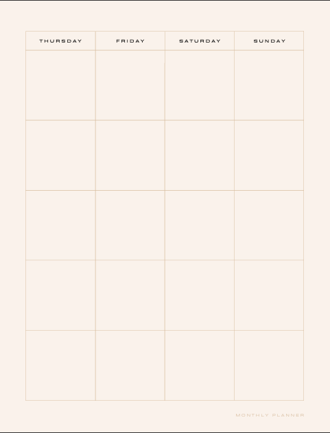 "Monthly planner page from My JOURNAL journey with days of the week labeled THURSDAY, FRIDAY, SATURDAY, SUNDAY across the top and blank rows for scheduling, plus MONTHLY PLANNER heading at the bottom – clean minimalist layout for printable journaling