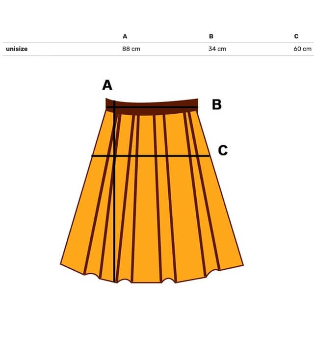 Maßskizze eines gelben Faltenrockes mit den Abmessungen A, B und C für die Größe.