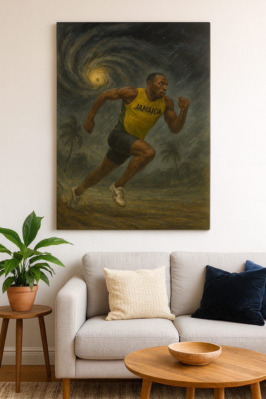Canvas painting of runner display on living room wall above a sofa couch