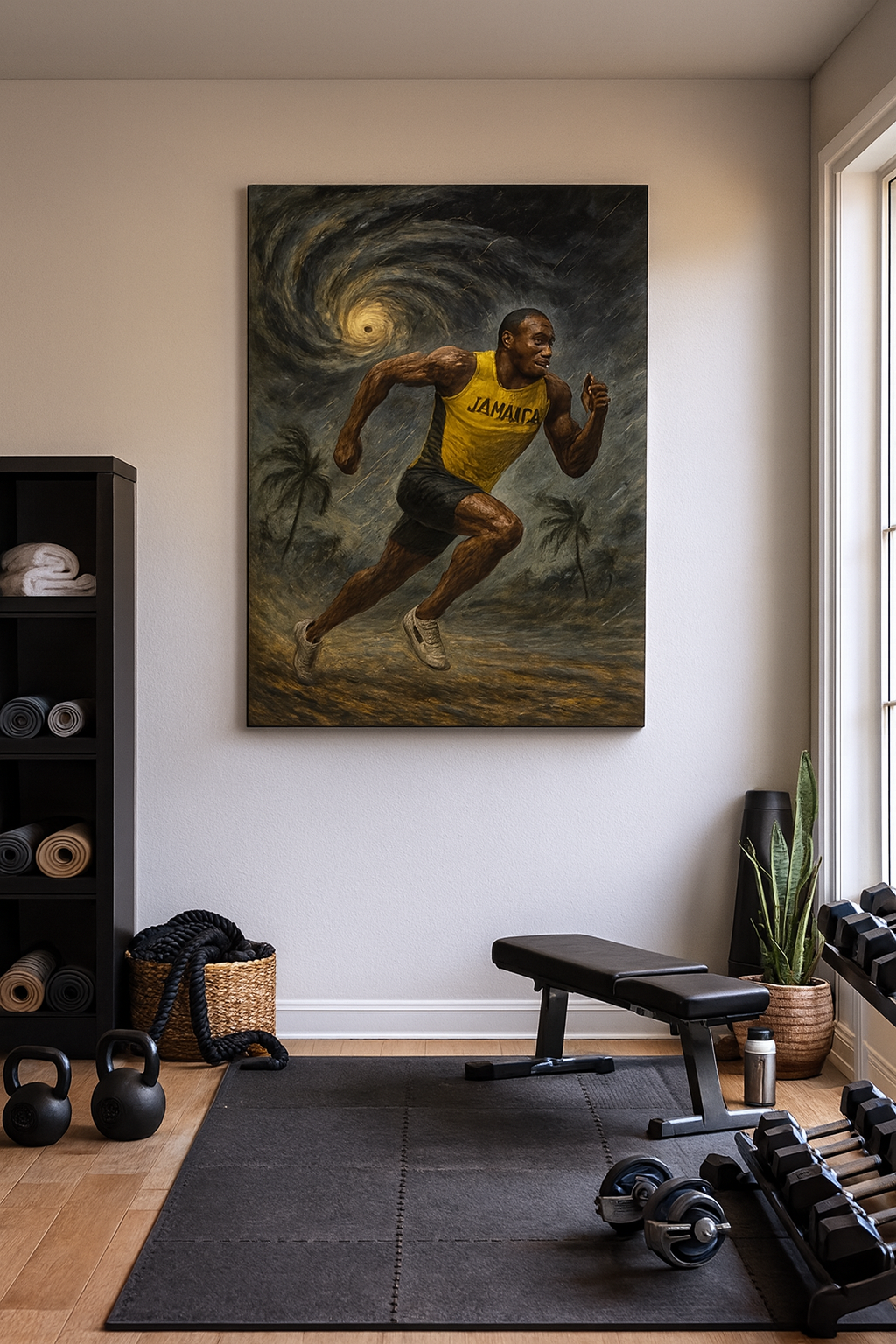 Canvas painting of runner displayed on wall of gym or workout room above exercise equipment