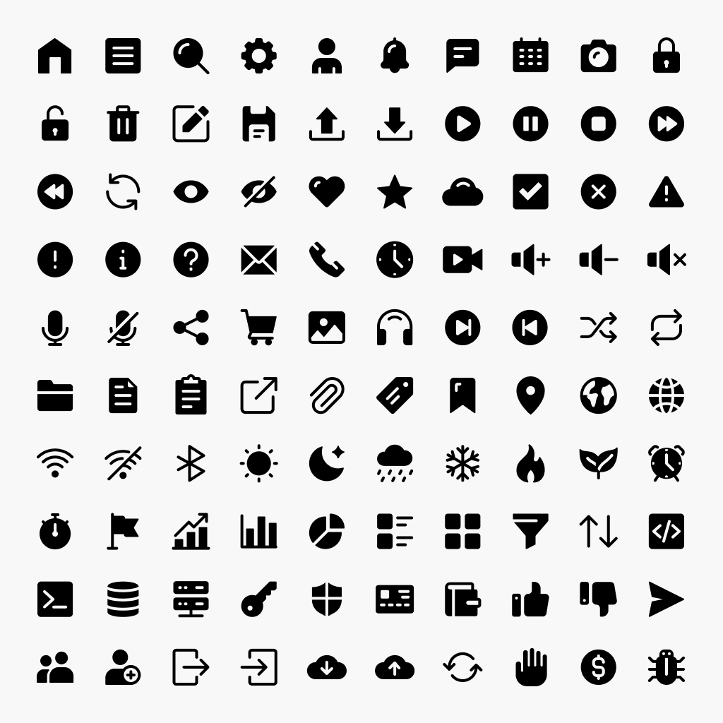 Free basic UI icons in solid filled style for navigation and interface design.