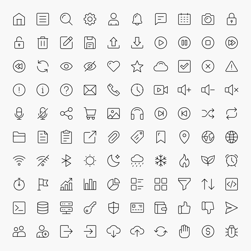 Free basic UI icons in thin line style for apps and web interfaces.