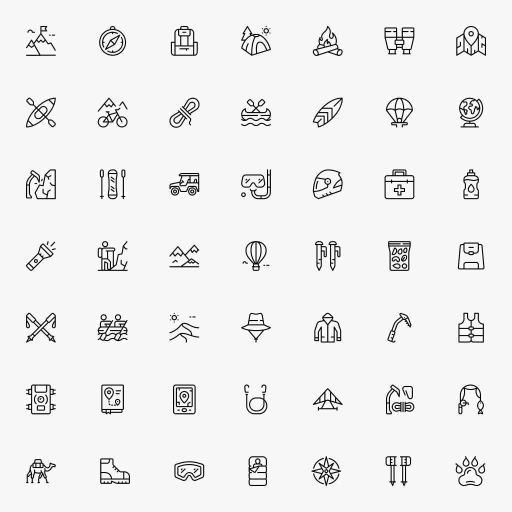 Adventure Travel Icons – Bold thick line style preview of 50 travel and adventure symbols.