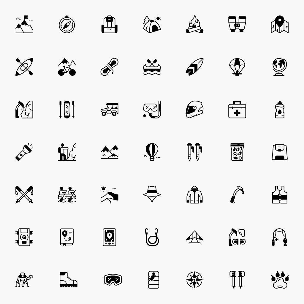 Adventure Travel Icons – Half-filled style preview showing outdoor, hiking, and travel icons.