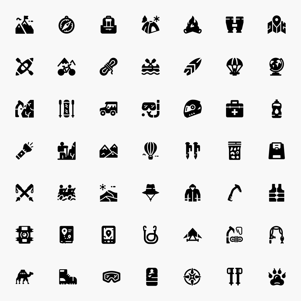 Adventure Travel Icons – Solid filled style preview of 50 adventure and tourism icons.
