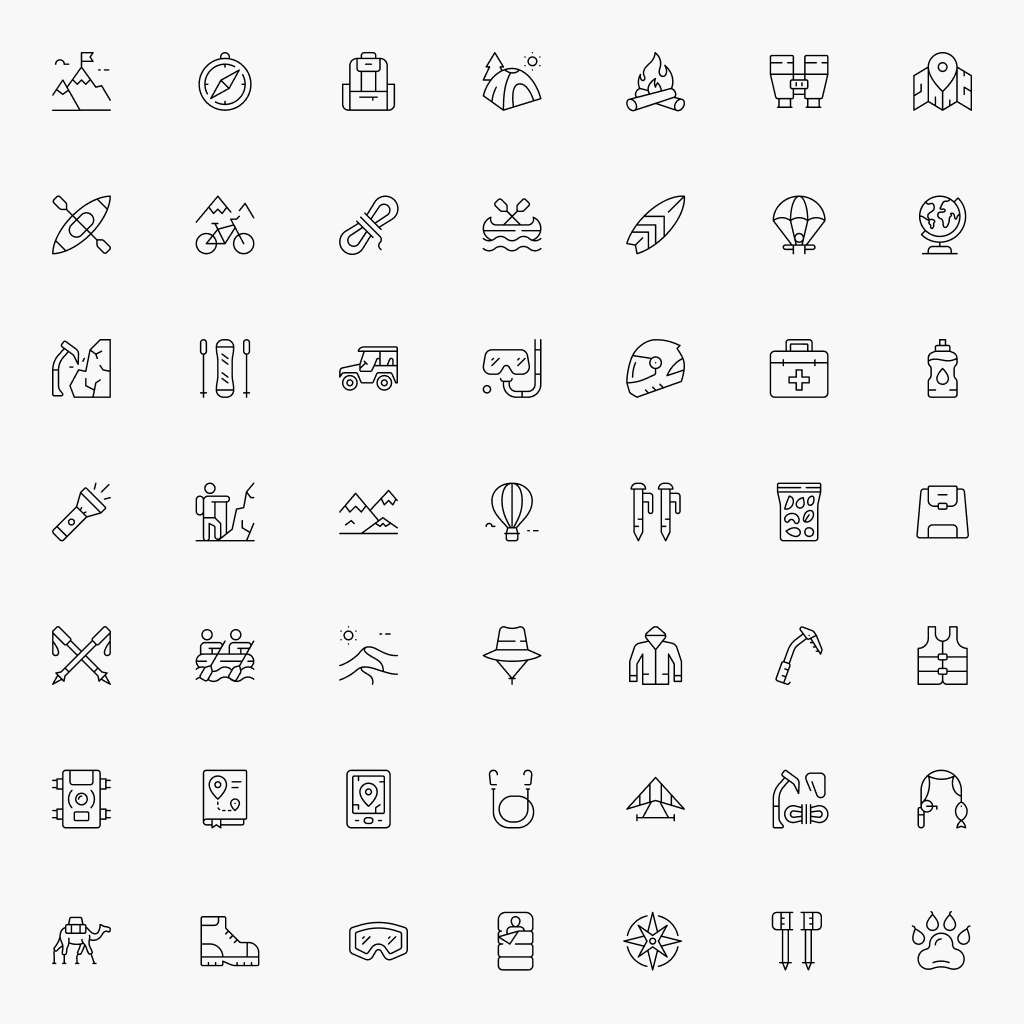 Adventure Travel Icons – Thin line style preview of 50 outdoor and tourism icons.