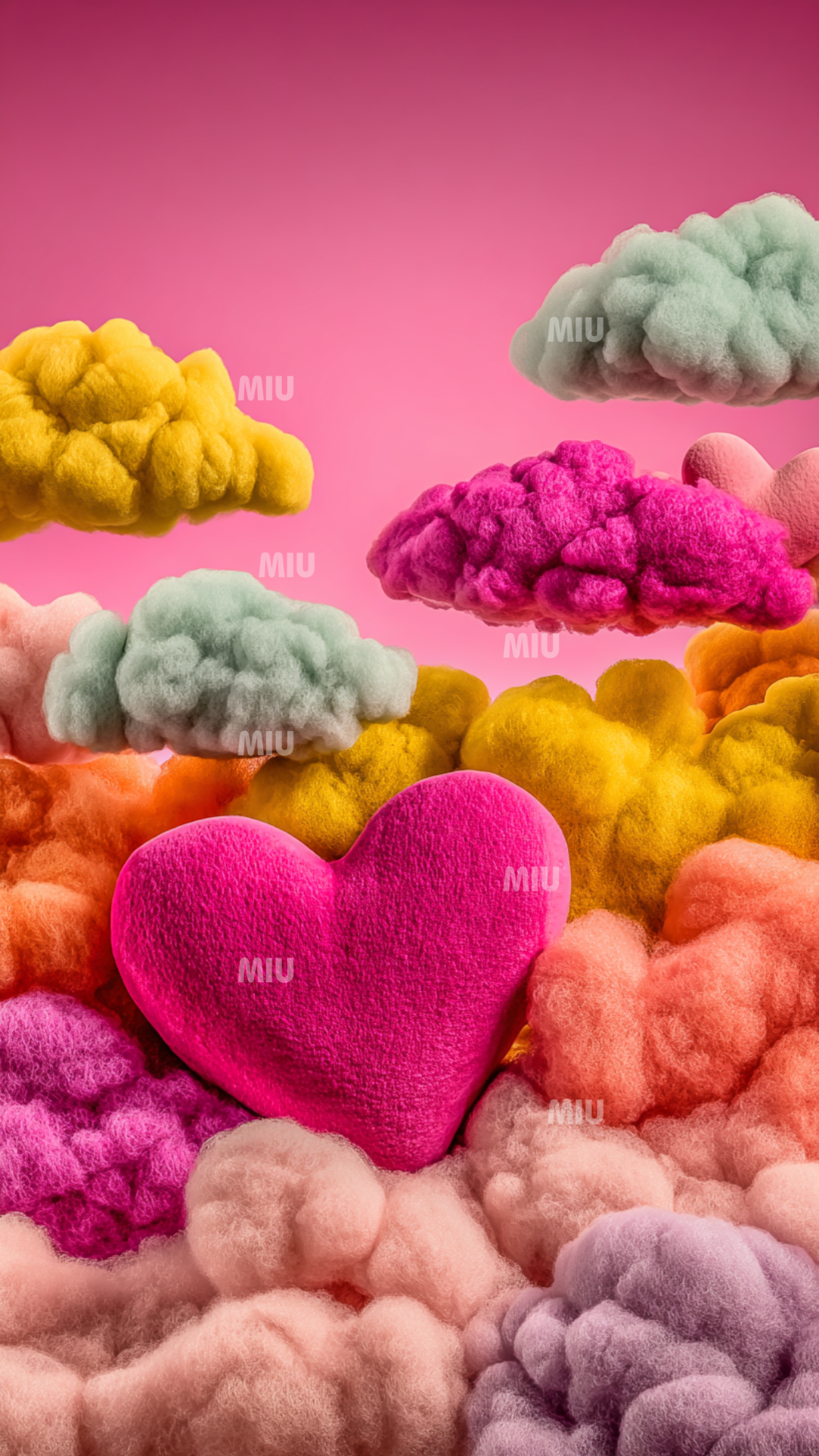 fond story 9:16 cœur rose fluffy et nuages colorés – design MIU pour entrepreneurs créant des Reels et Stories Instagram Facebook