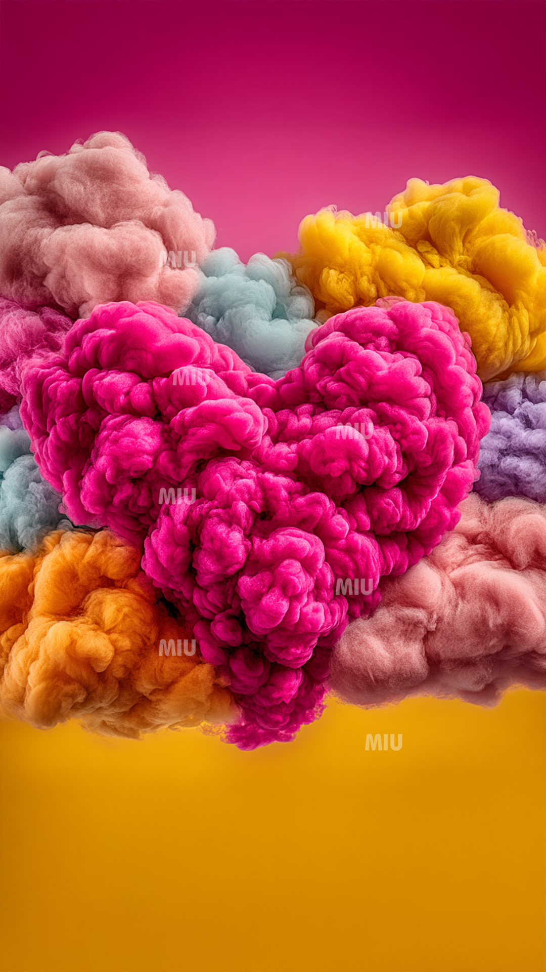 fond story 9:16 cœur fluffy rose sur nuages colorés – visuel MIU pour entrepreneurs sur Instagram et Facebook