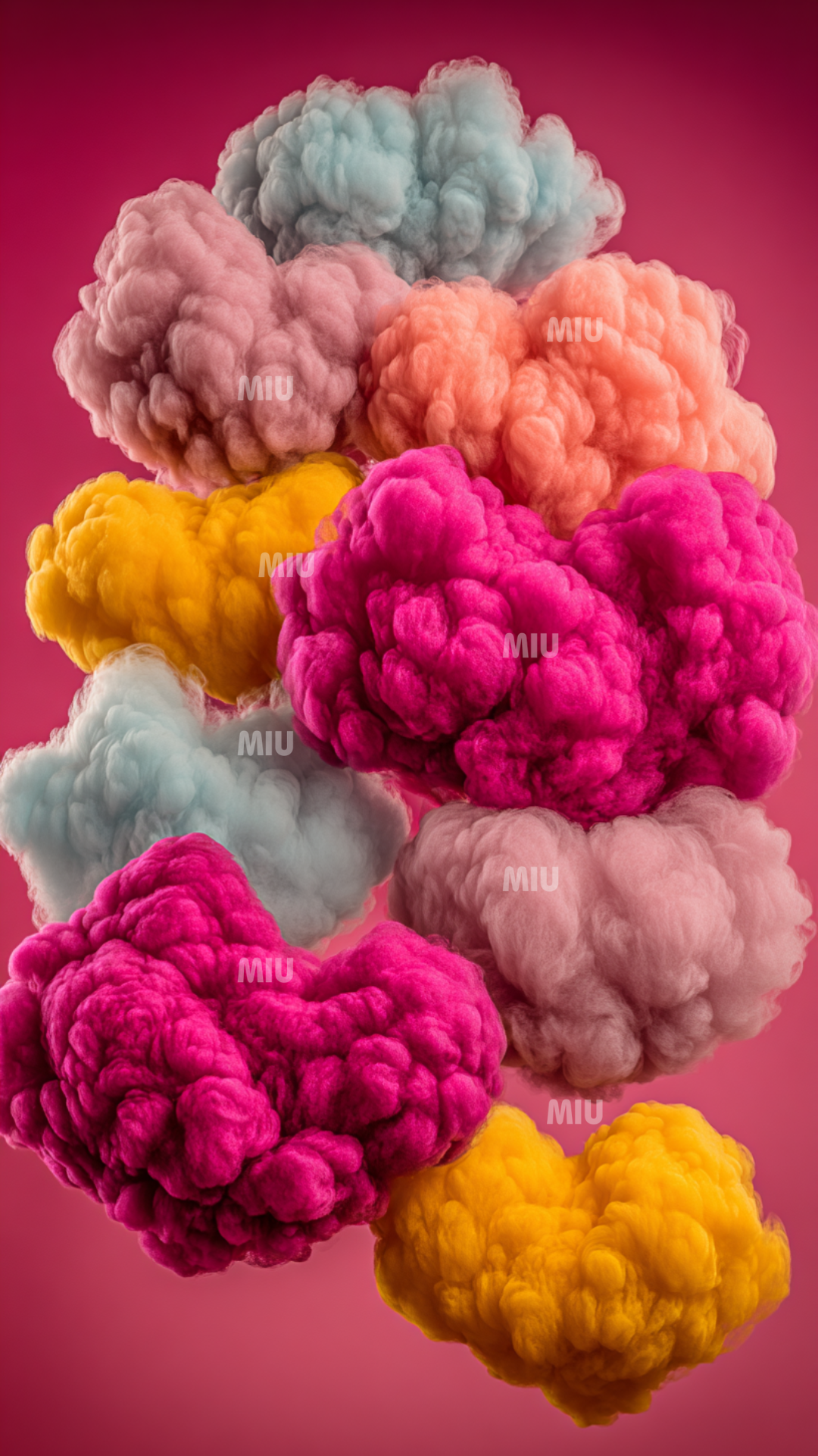 Fond Story/Reels avec cœurs fluffy en forme de nuages colorés sur fond rose, visuel créatif MIU.