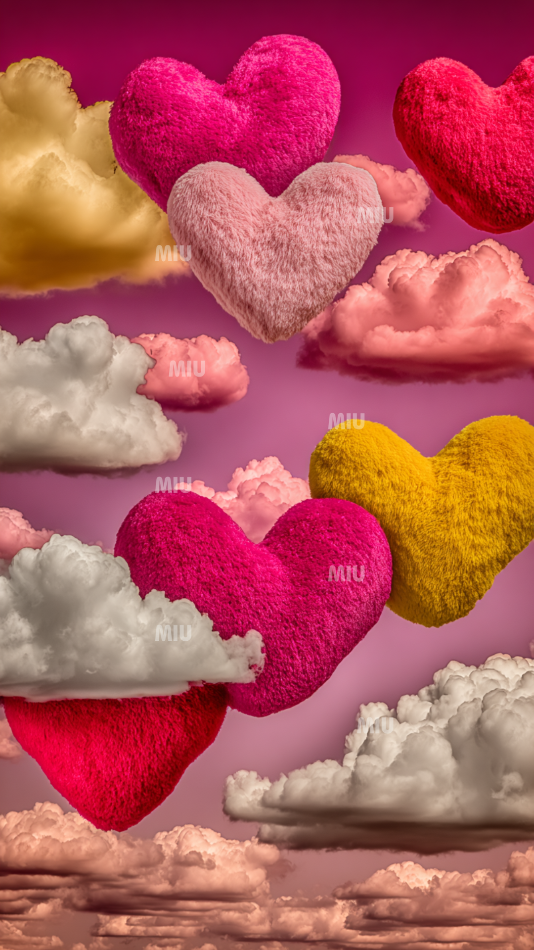 Fond Story/Reels avec cœur fluffy rose entouré de nuages colorés sur fond rose, visuel créatif MIU.