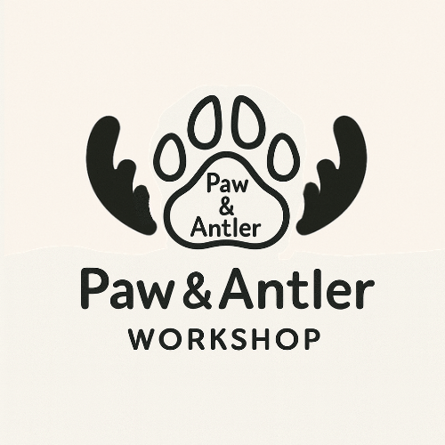 Paw print with the words "Paw & Antler" written in the pad, a Clipart Moose Antler frames the Paw on either side