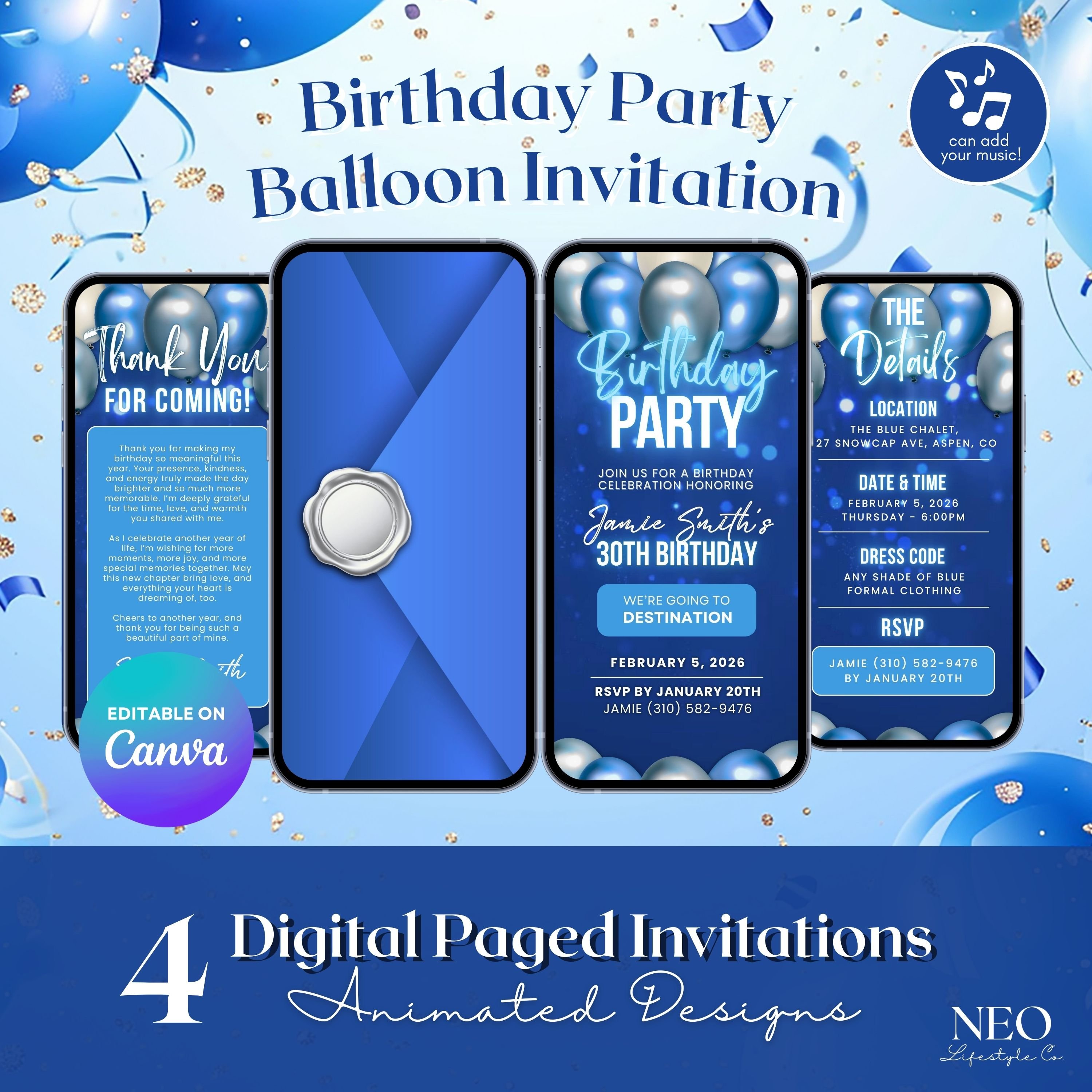 Birthday Party Invitation, Blue Balloons Birthday Invite For Men, Women ...