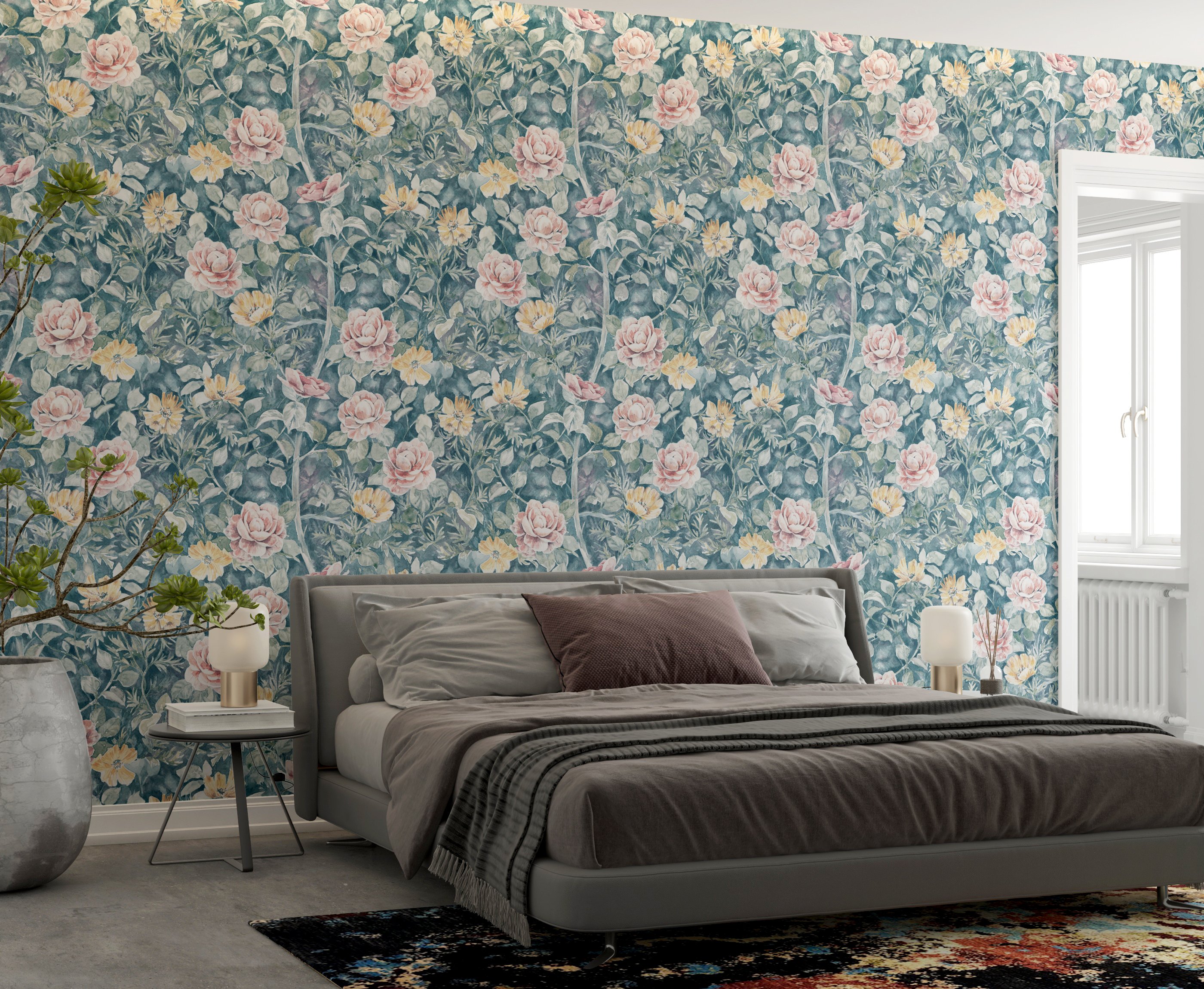 Camellia and Cosmos Wallpaper bedroom interior hand painted watercolor painterly floral art janiel hsieh red glitter licensing