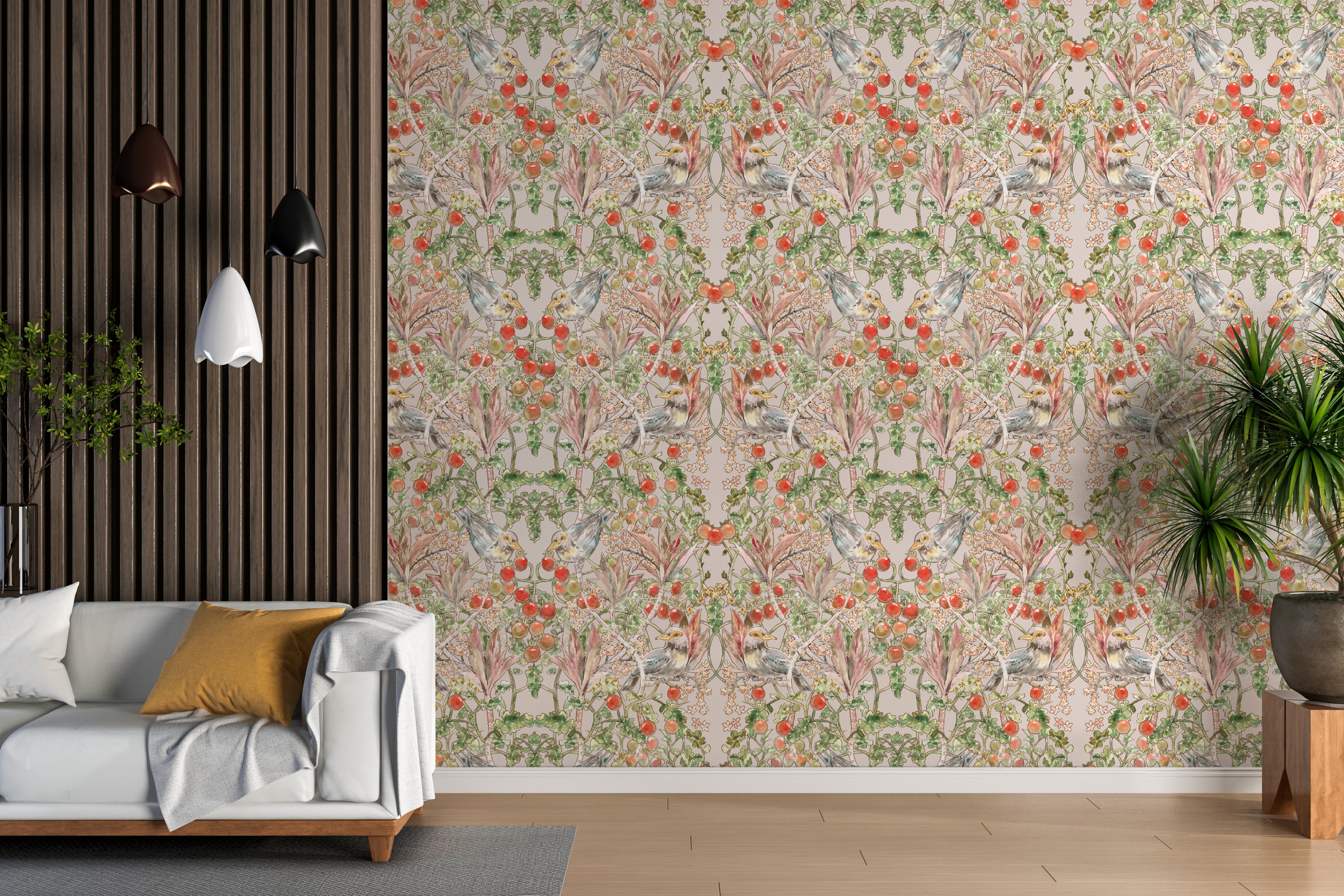 cherry tomato thieves botanical birds fruits hand painted watercolor art print wallpaper janiel hsieh red glitter