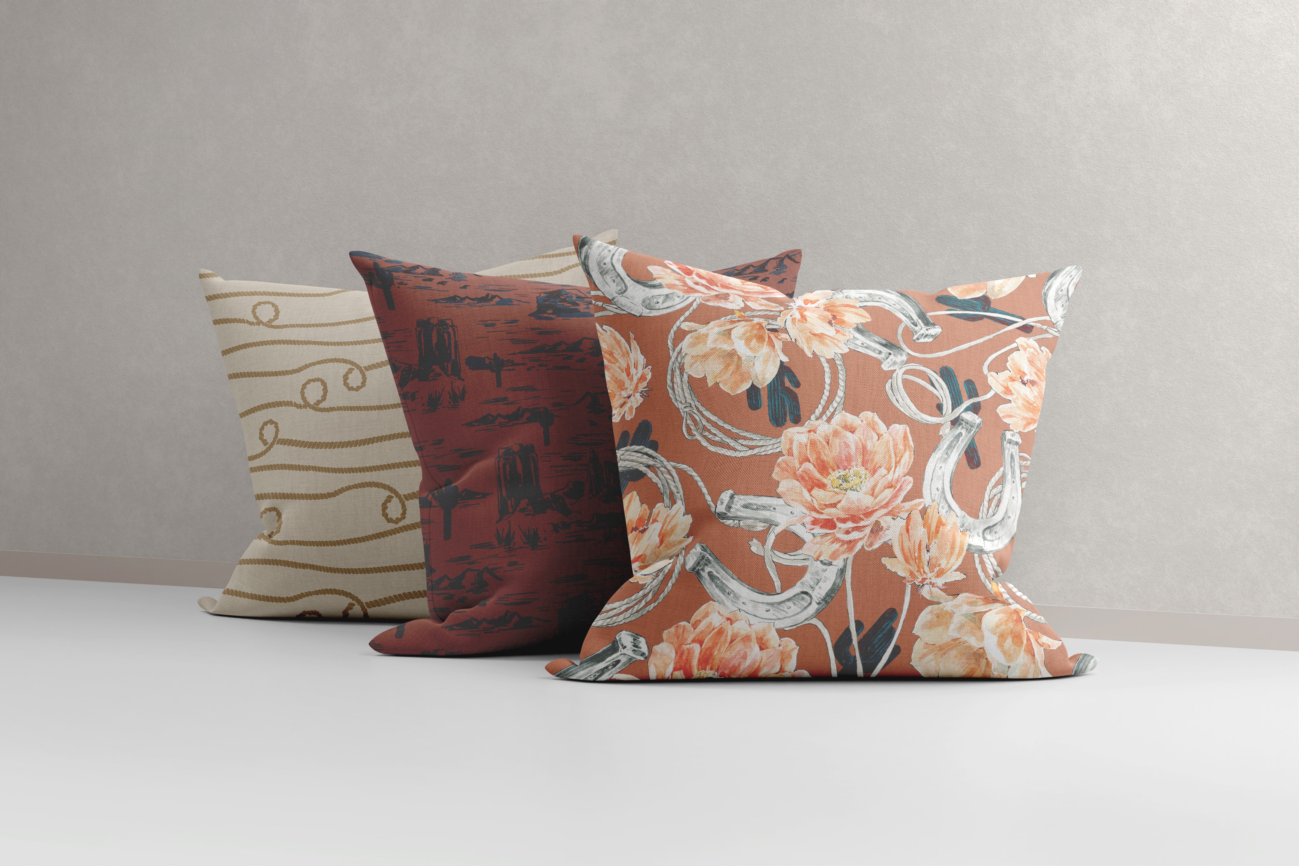 hand drawn wild west cactus horse shoe lasso quilt fabric