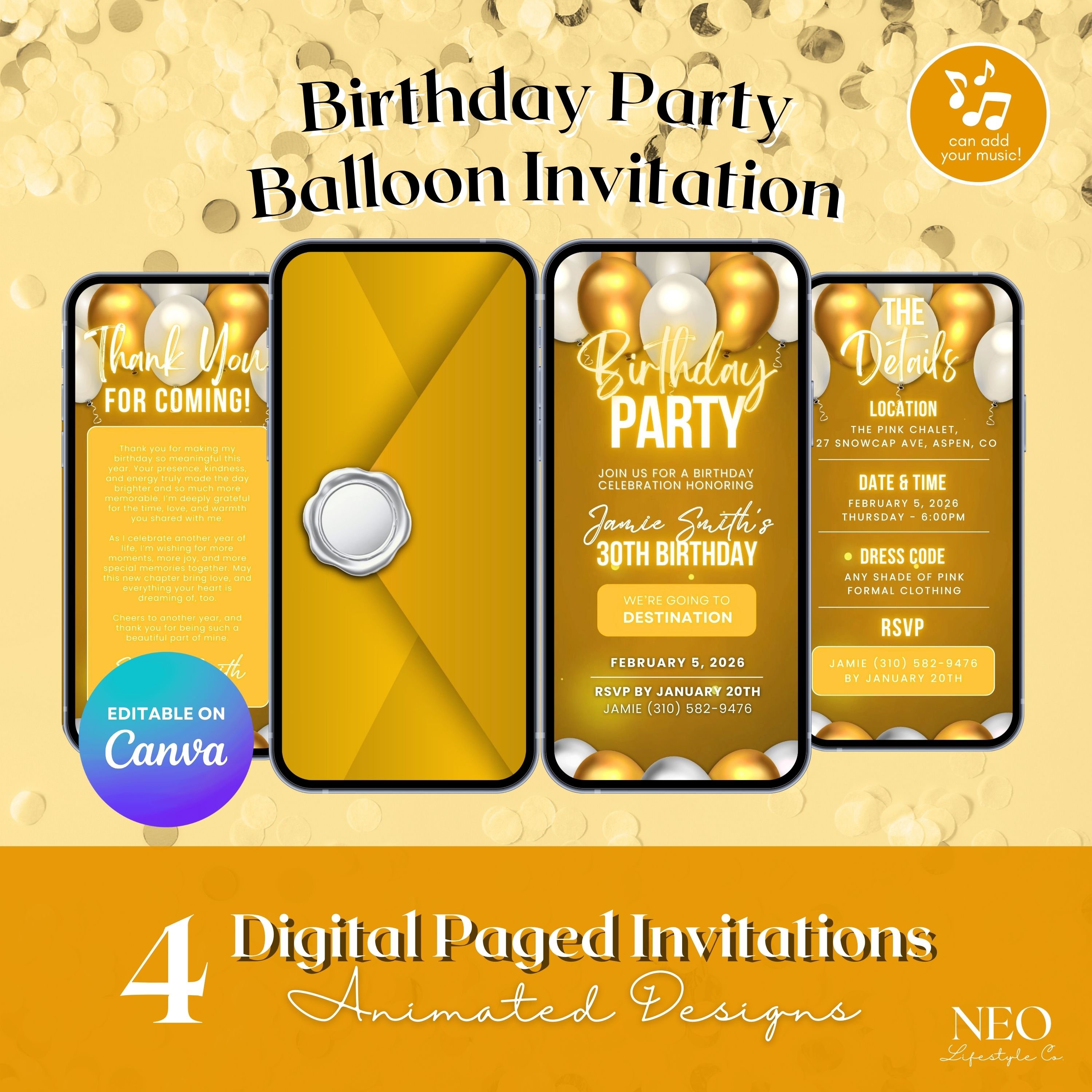 Yellow Birthday Party Invitation, Gold Birthday Balloon Invite for ...