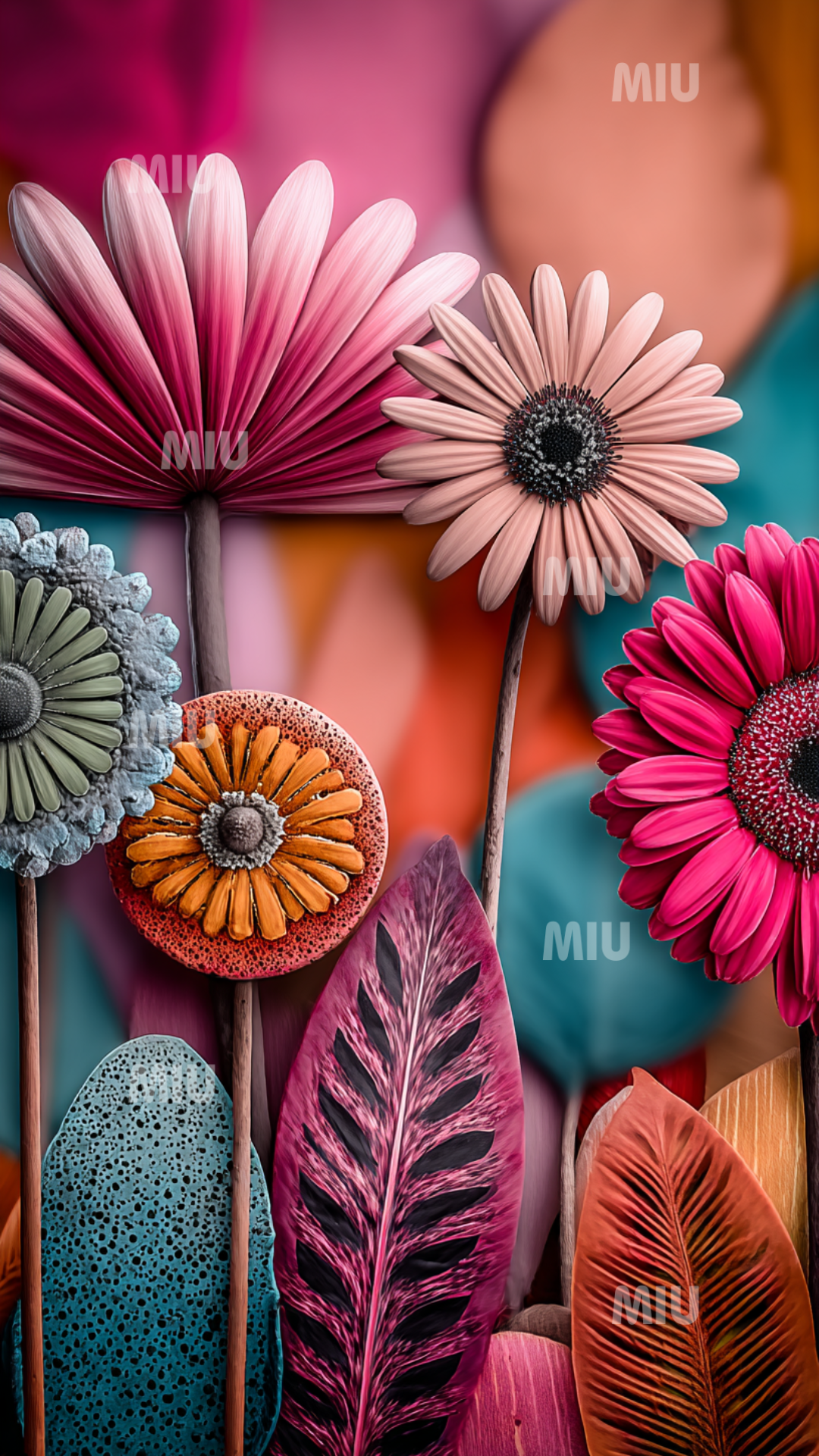 Fleurs sculptées aux tons rose, beige, orange et turquoise avec textures détaillées, tiges élancées et feuilles artistiques sur fond dégradé rose et bleu. Style floral MIU.