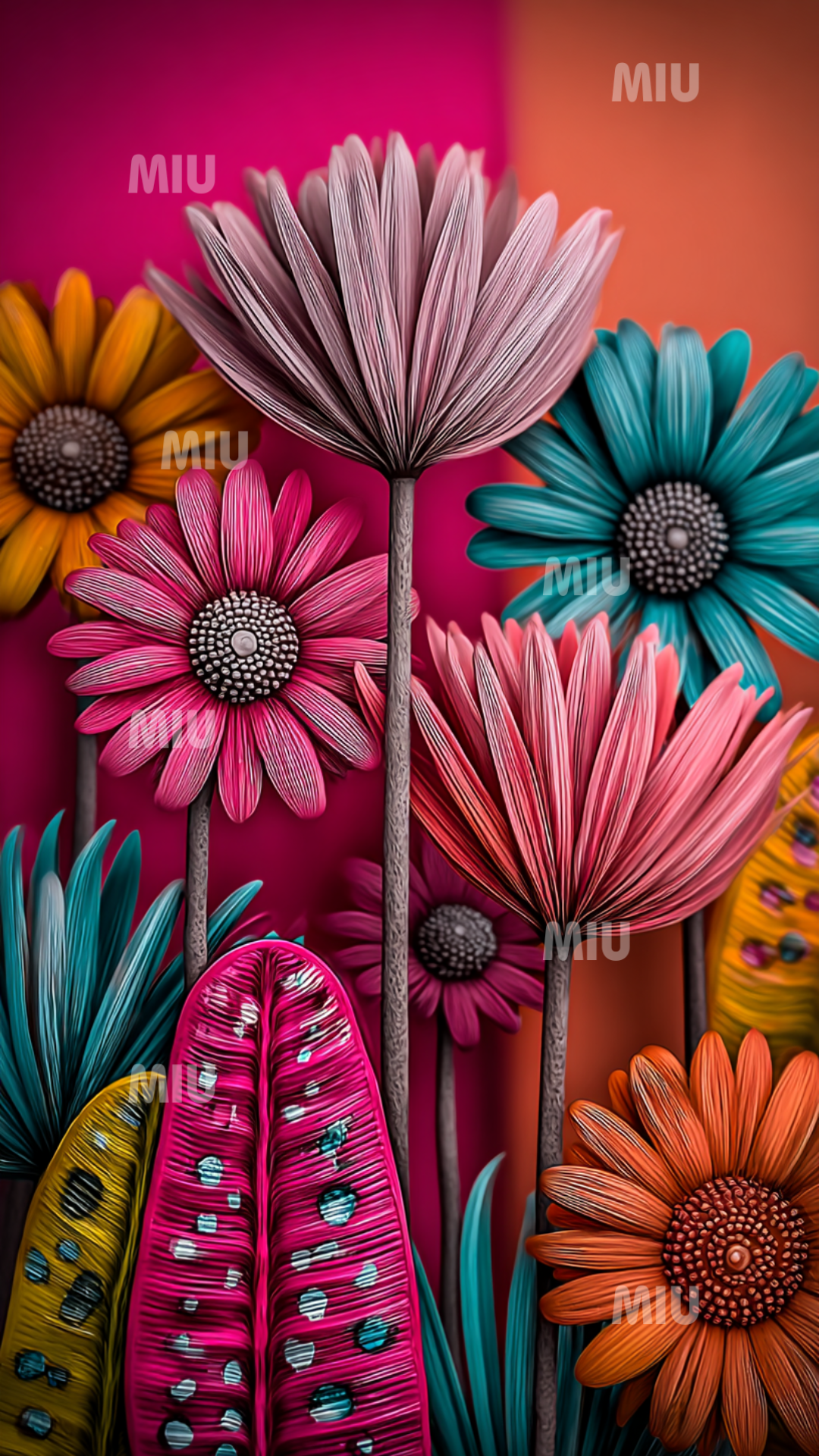 Fleurs sculptées aux tons rose, turquoise, orange et mauve, aux pétales texturés et tiges élancées, composant un bouquet artistique sur fond dégradé rose et orange. Style floral MIU.