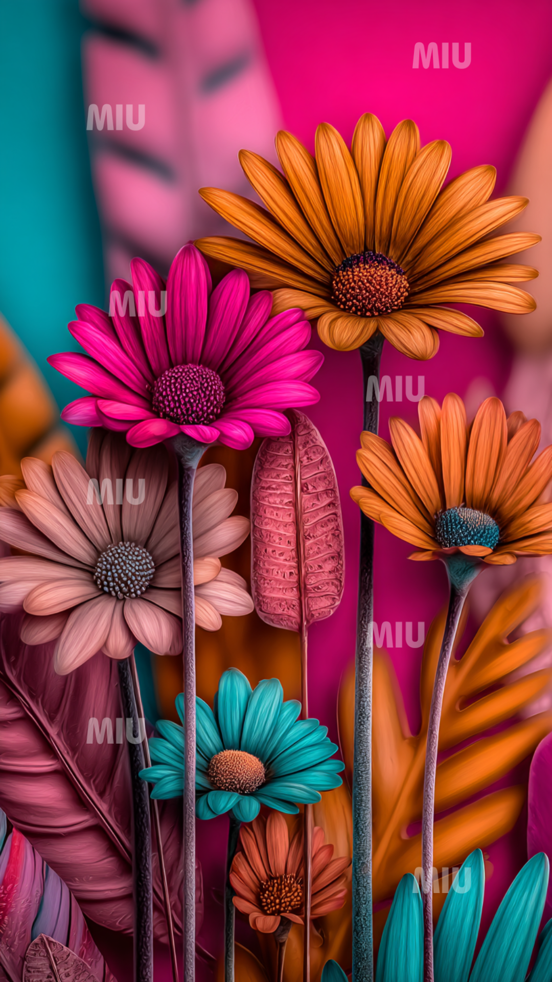 Grandes fleurs sculptées aux tons orange, rose fuchsia, turquoise et beige, avec feuilles texturées et fond dégradé rose et turquoise. Illustration florale artistique MIU.