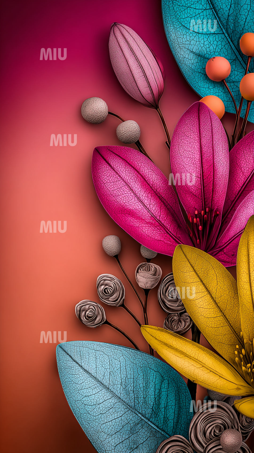 Fleurs sculptées violettes, roses et jaunes avec feuilles turquoise et boutons décoratifs, sur fond dégradé du rouge à lorange. Style artistique MIU, texture détaillée et couleurs vives.
