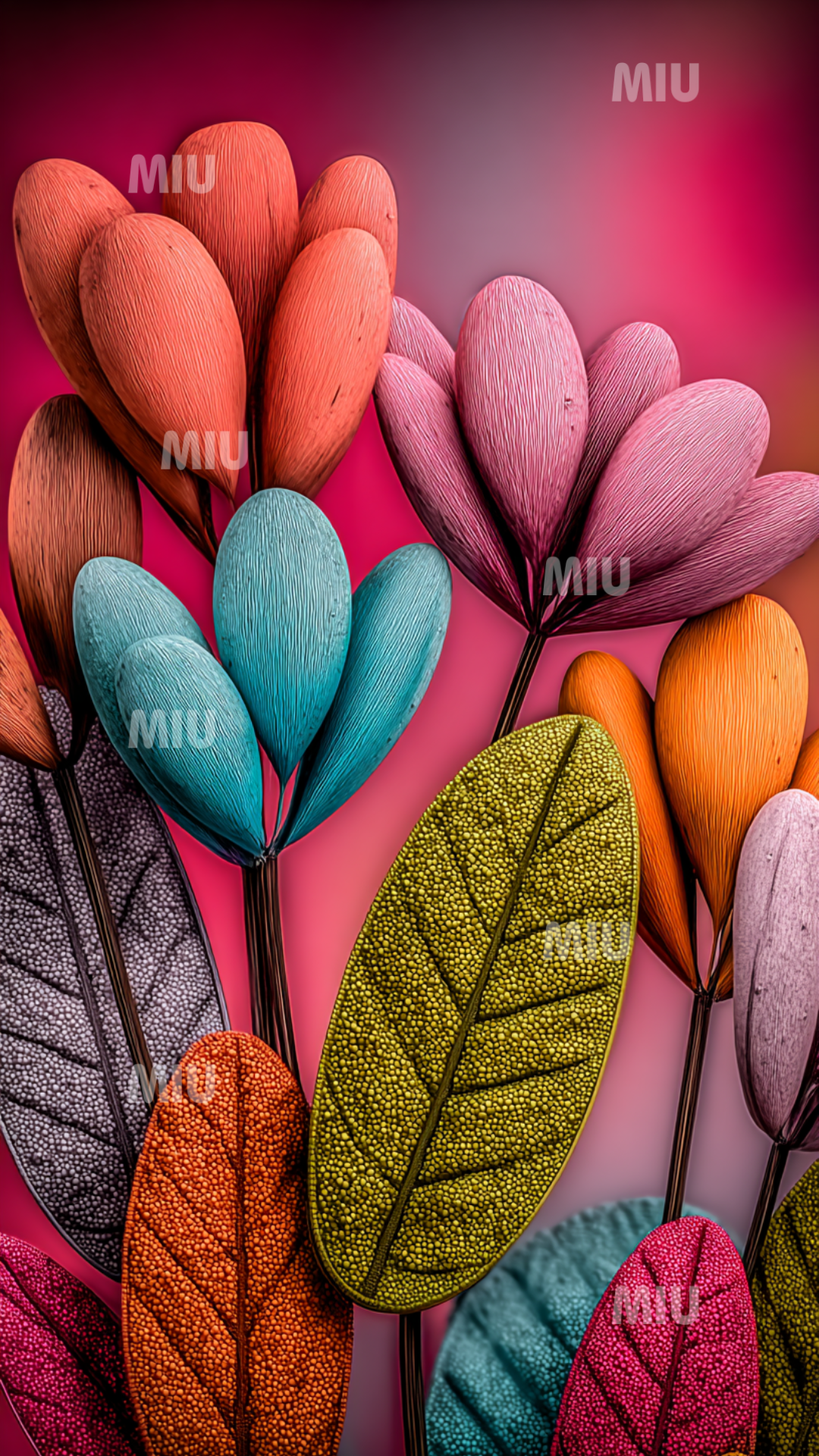 Fleurs sculptées en forme de pétales allongés dans des tons rose, orange, turquoise et corail, accompagnées de feuilles texturées vertes et grises, sur un fond dégradé rose et rouge. Style artistique MIU, couleurs vives et texture détaillée.