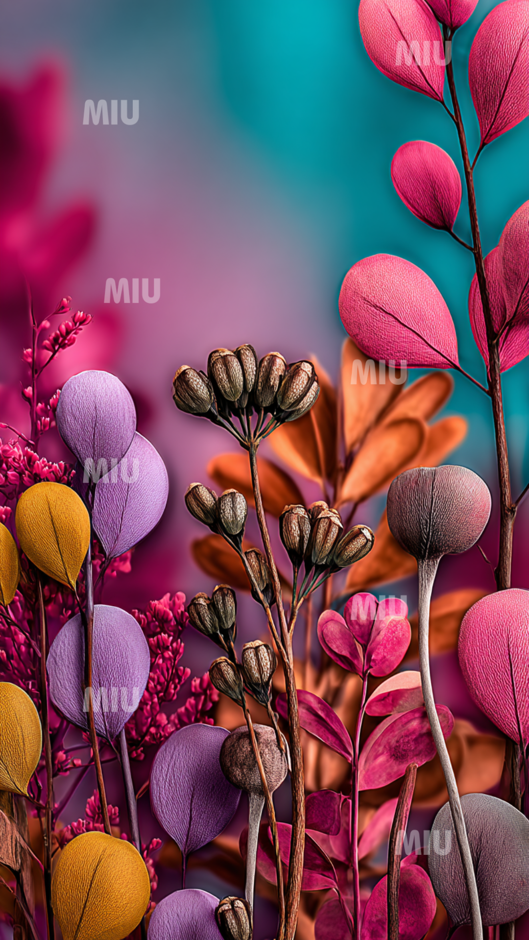 Composition florale sculptée aux tons rose, violet, orange et jaune, avec tiges fines et pétales texturés sur fond dégradé turquoise et fuchsia. Style artistique MIU.
