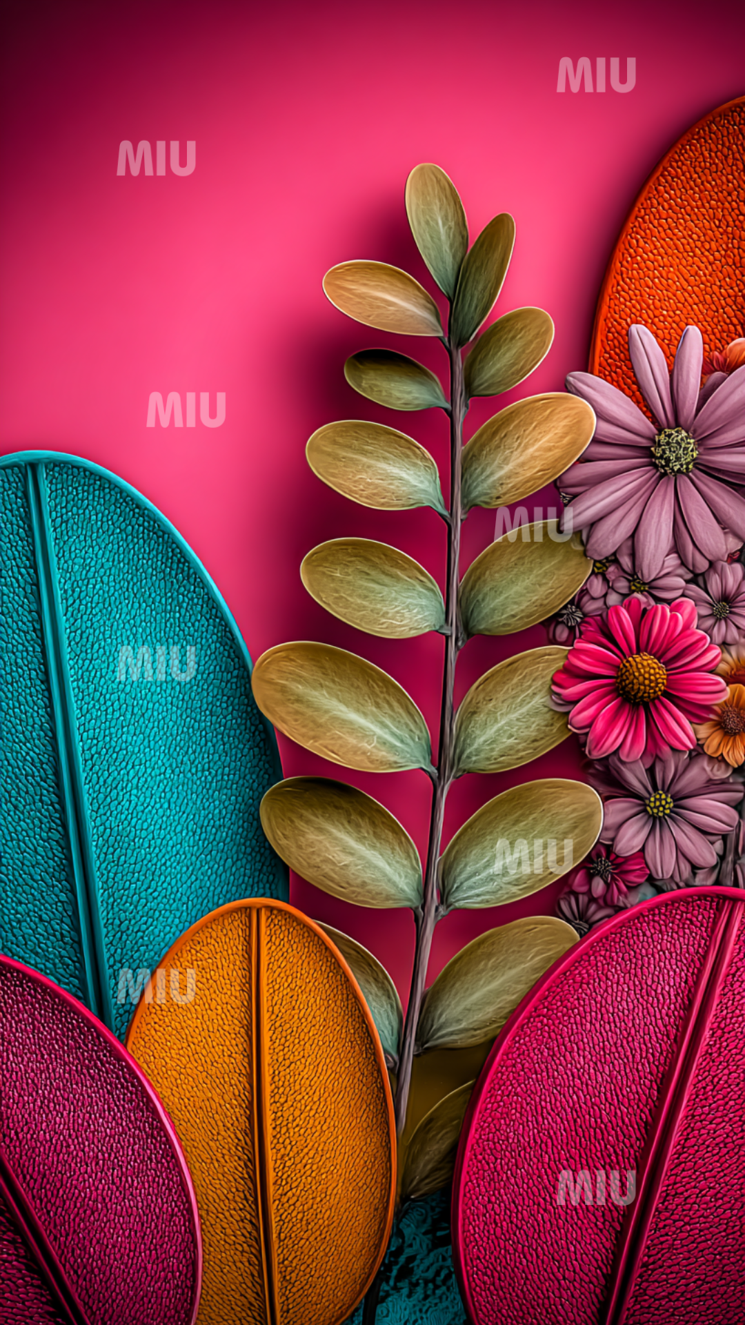 Illustration florale aux couleurs vives avec feuilles sculptées turquoise, orange et rose, et bouquet de petites fleurs roses sur fond dégradé fuchsia. Style artistique MIU.