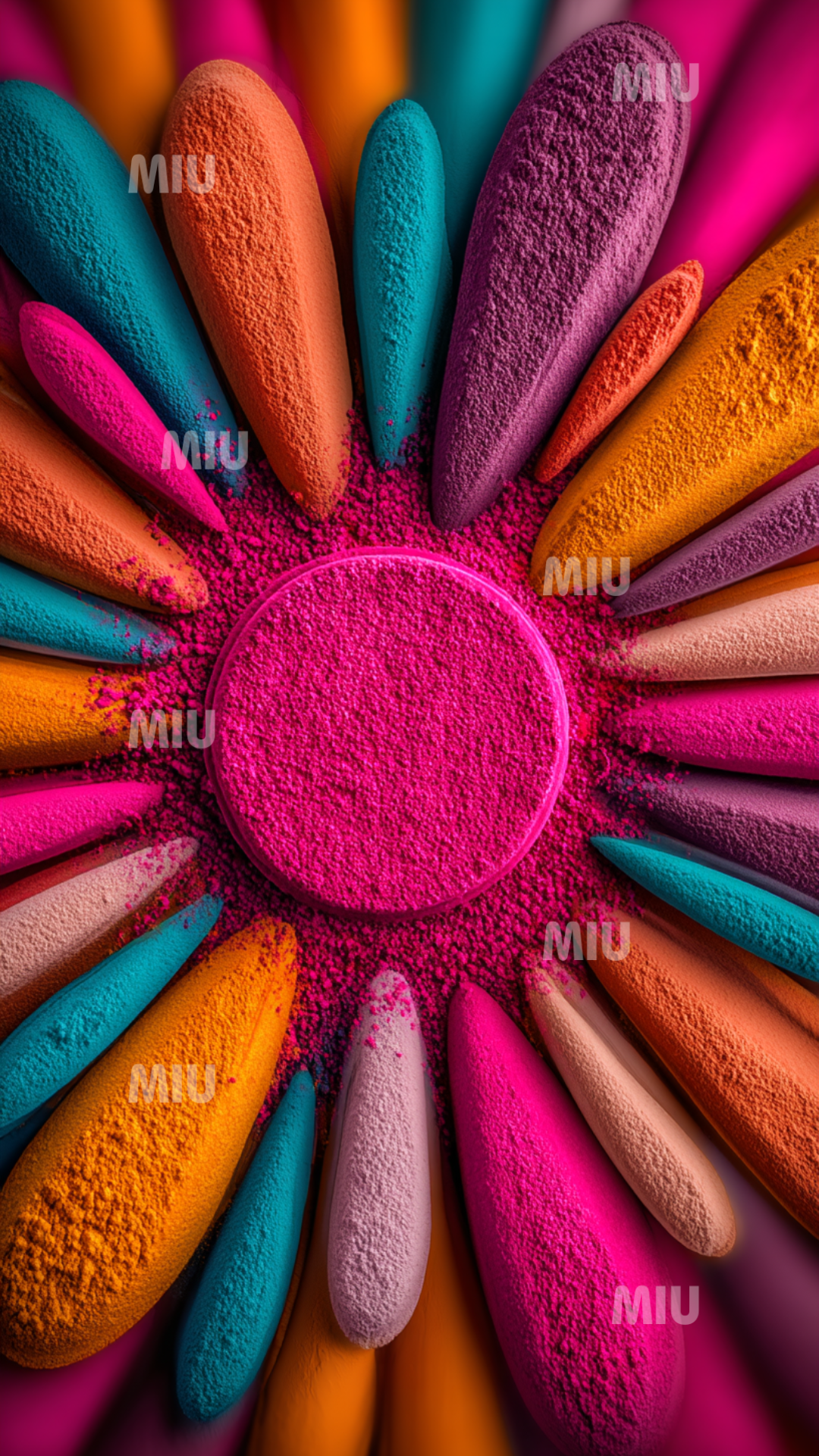 Composition florale abstraite en poudre rose vif, formant une structure circulaire avec des pétales colorés texturés. Style artistique MIU, couleurs vives et texture poudrée détaillée.