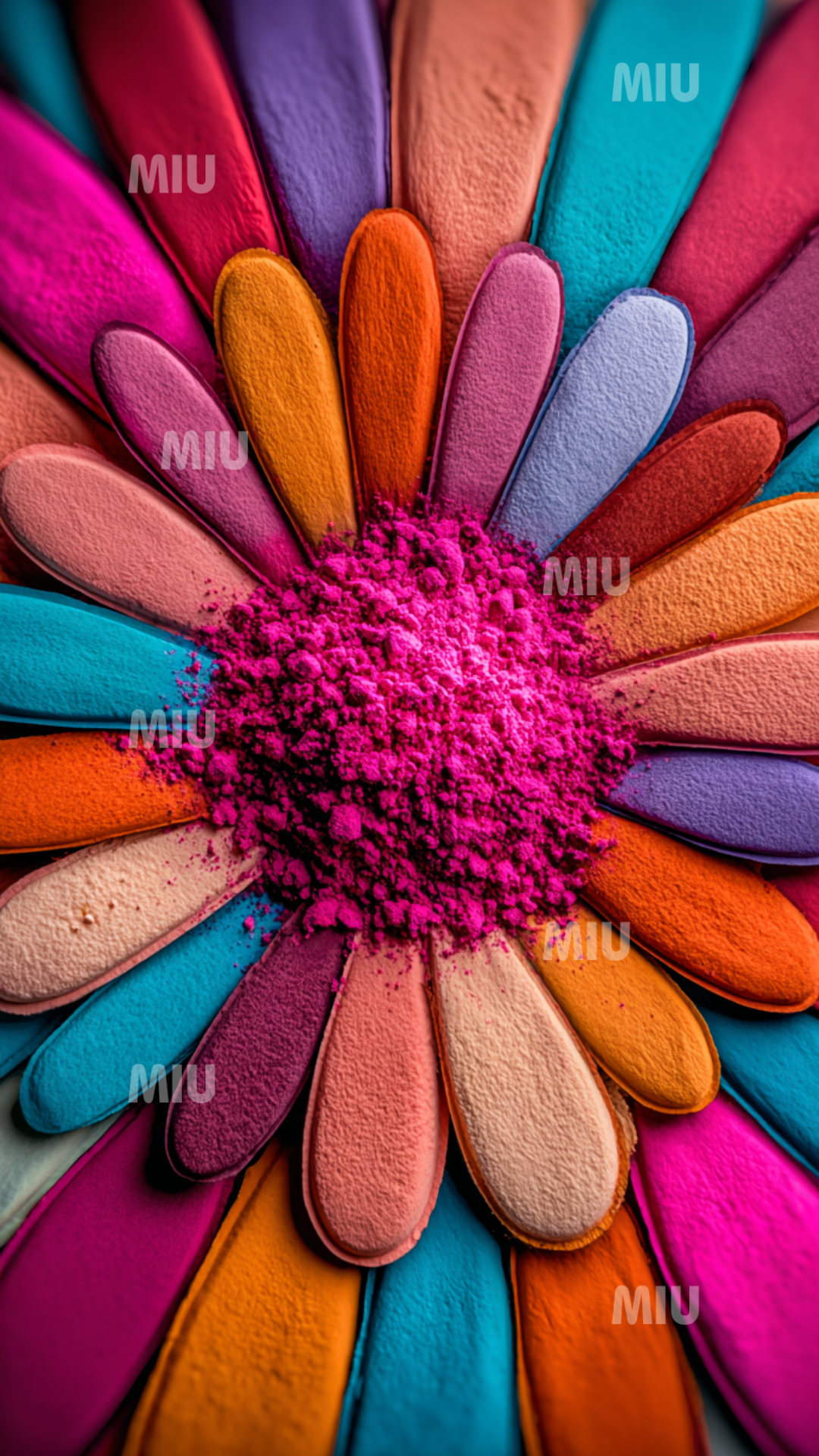 Fleur stylisée vue de haut, composée de pétales texturés multicolores entourant un centre vibrant de poudre rose. Effet artistique avec nuances turquoise, orange, lilas et rose.